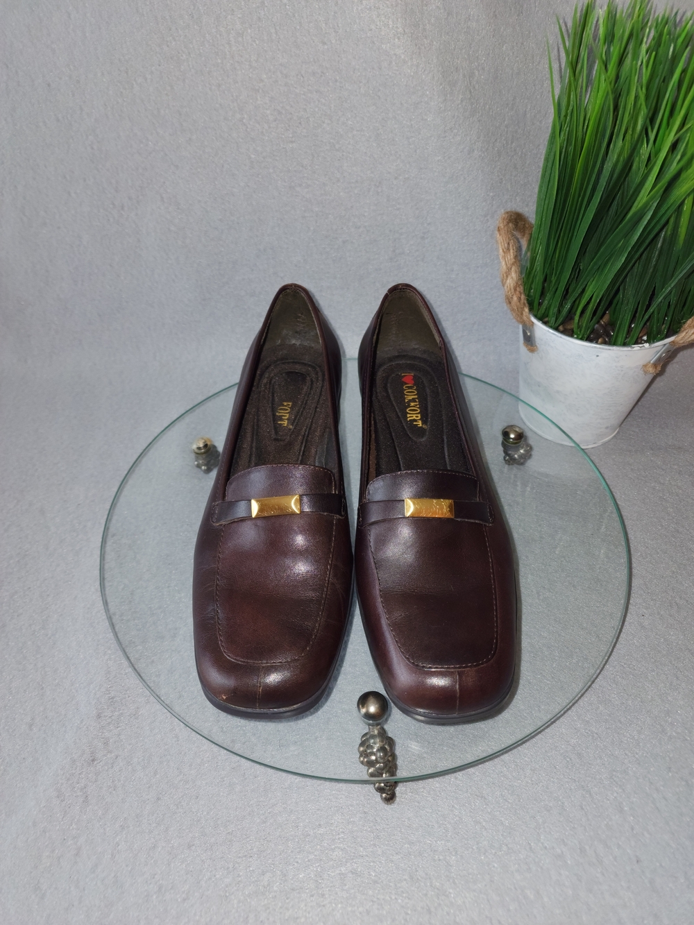 Women's Brown Leather Loafers with Gold Accent